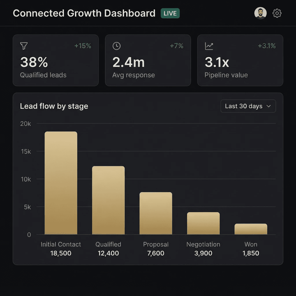 Connected Growth Dashboard showing qualified leads, response time, and pipeline value metrics with lead flow visualization